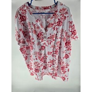 Blair Womens 3XL Floral Henley Top Short Sleeve Red White Button Front B34496